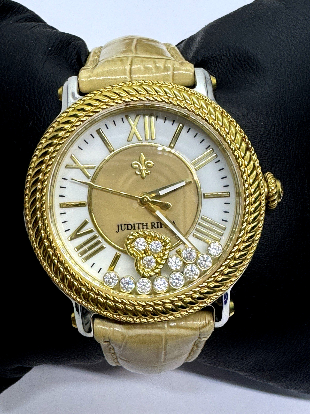 Judith Ripka Floating Crystal Watch Tan Leather approx 6-8″ Needs Battery