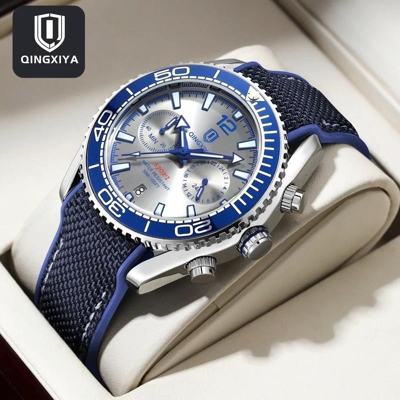 44MM QINGXIYA Quartz Diver Men’s Watch Nylon 30M Waterproof Date Luminous NEW
