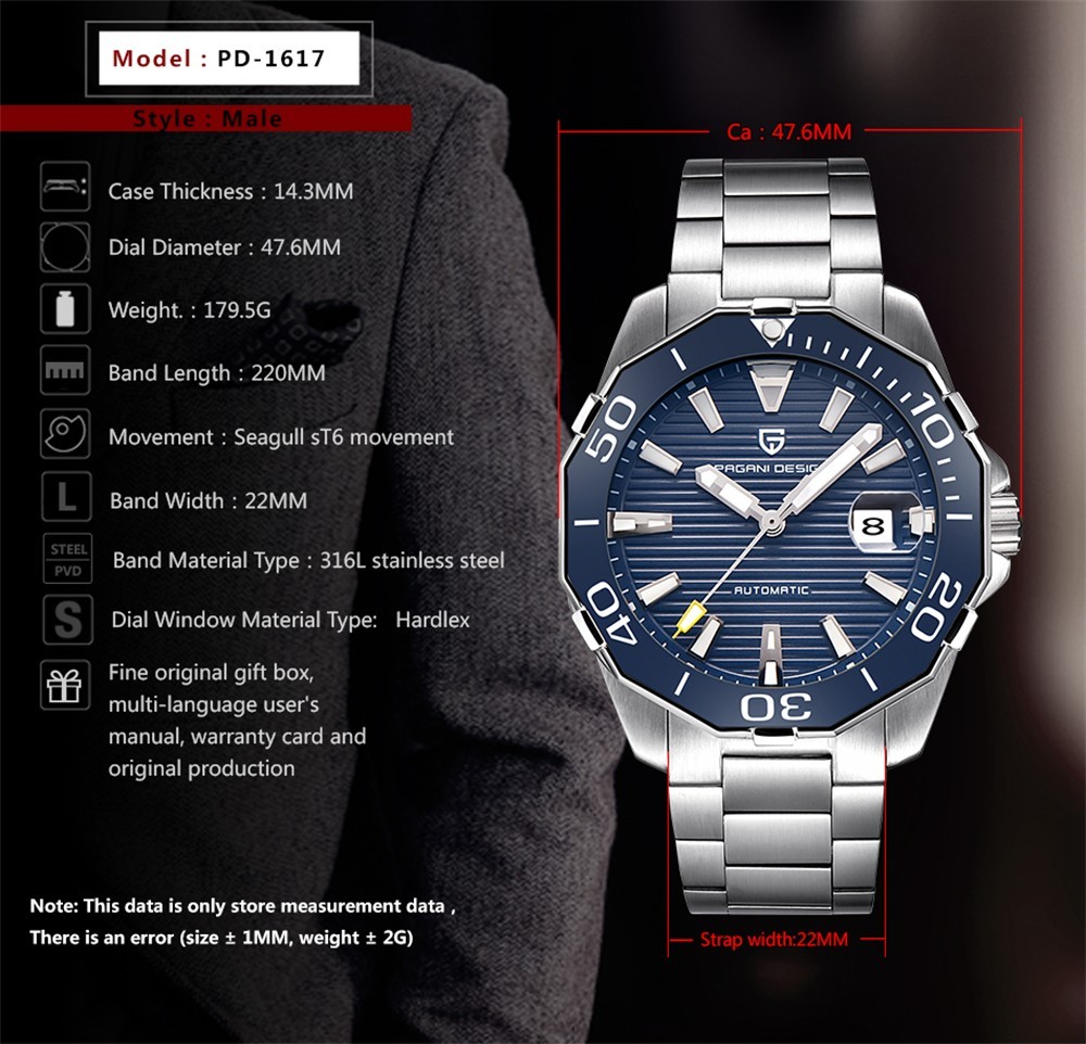 47MM PAGANI DESIGN Automatic Men’s Watch Sapphire 100M Waterproof Stainless NEW