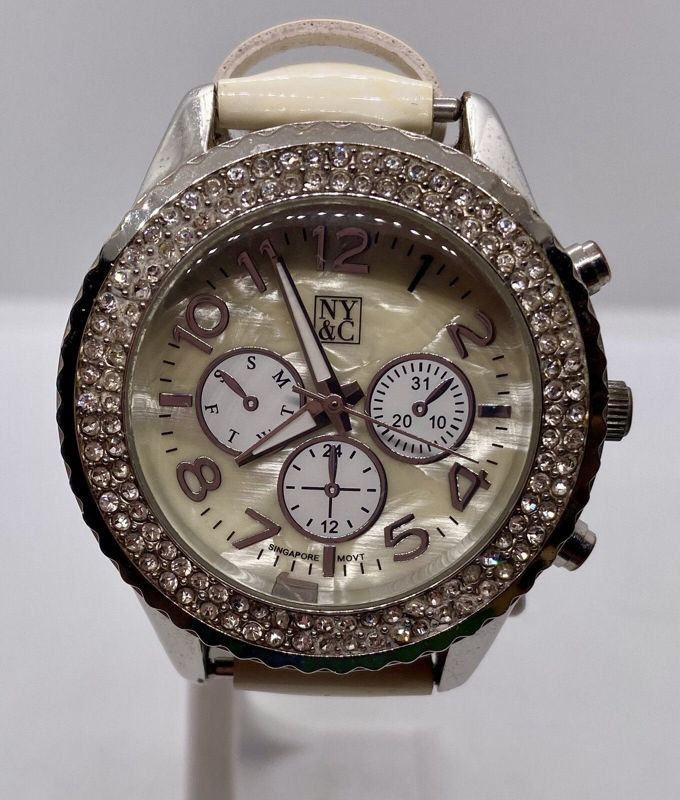 NY&C Ladies Watch Iced Large MOP Dial New Battery Faux Chrono Ivory Leather Band