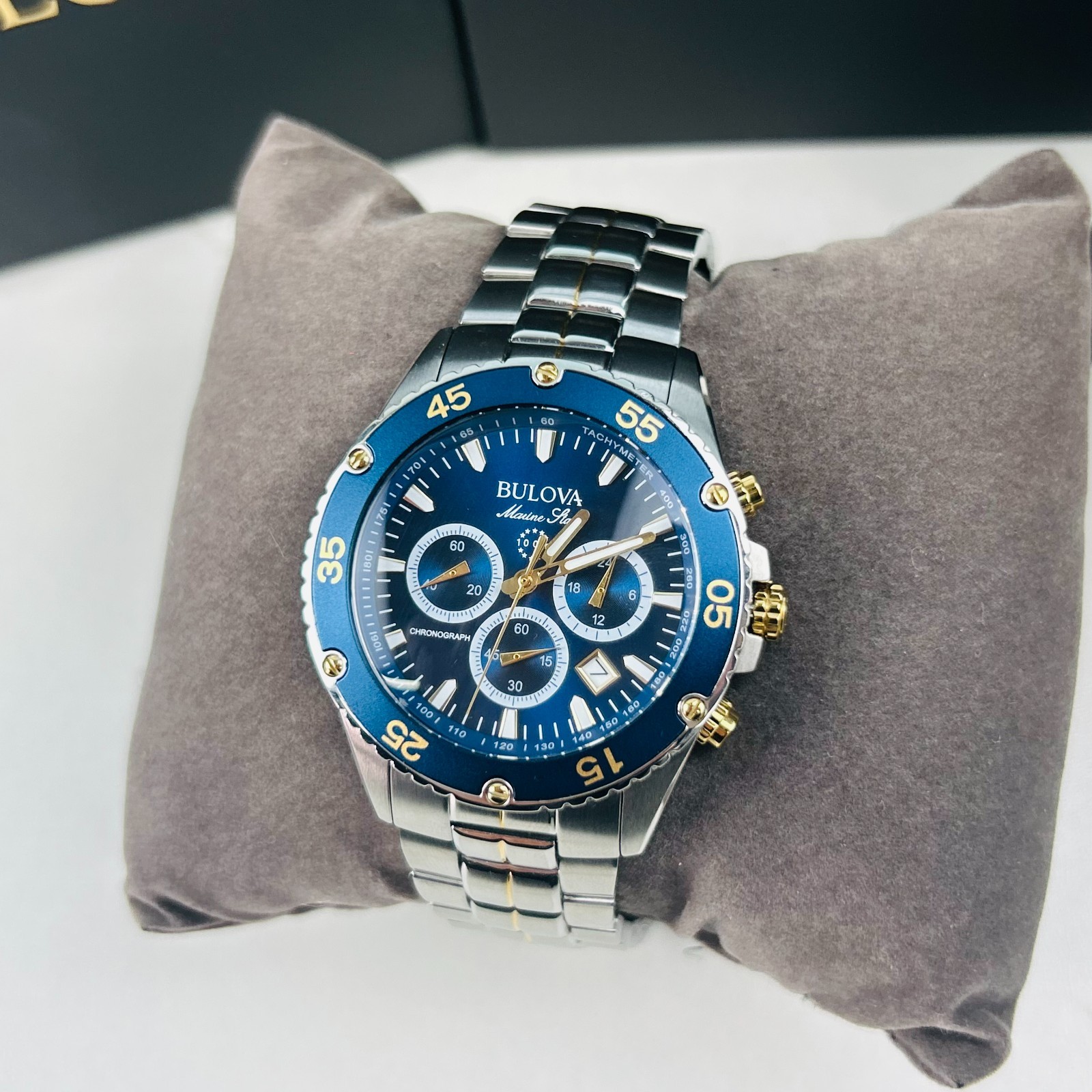 Bulova Marine Star 98B400 Men’s Blue Dial Stainless Chronograph Quartz Watch New
