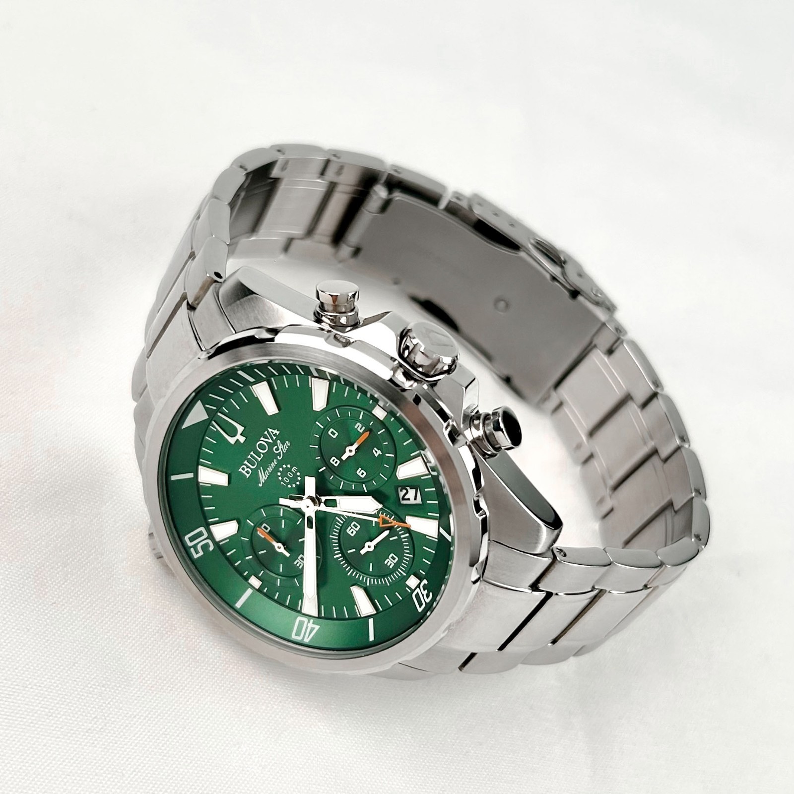 New w/box/Bulova Marine Star 96B396 Green Dial Chronograph Men’s Quartz Watch