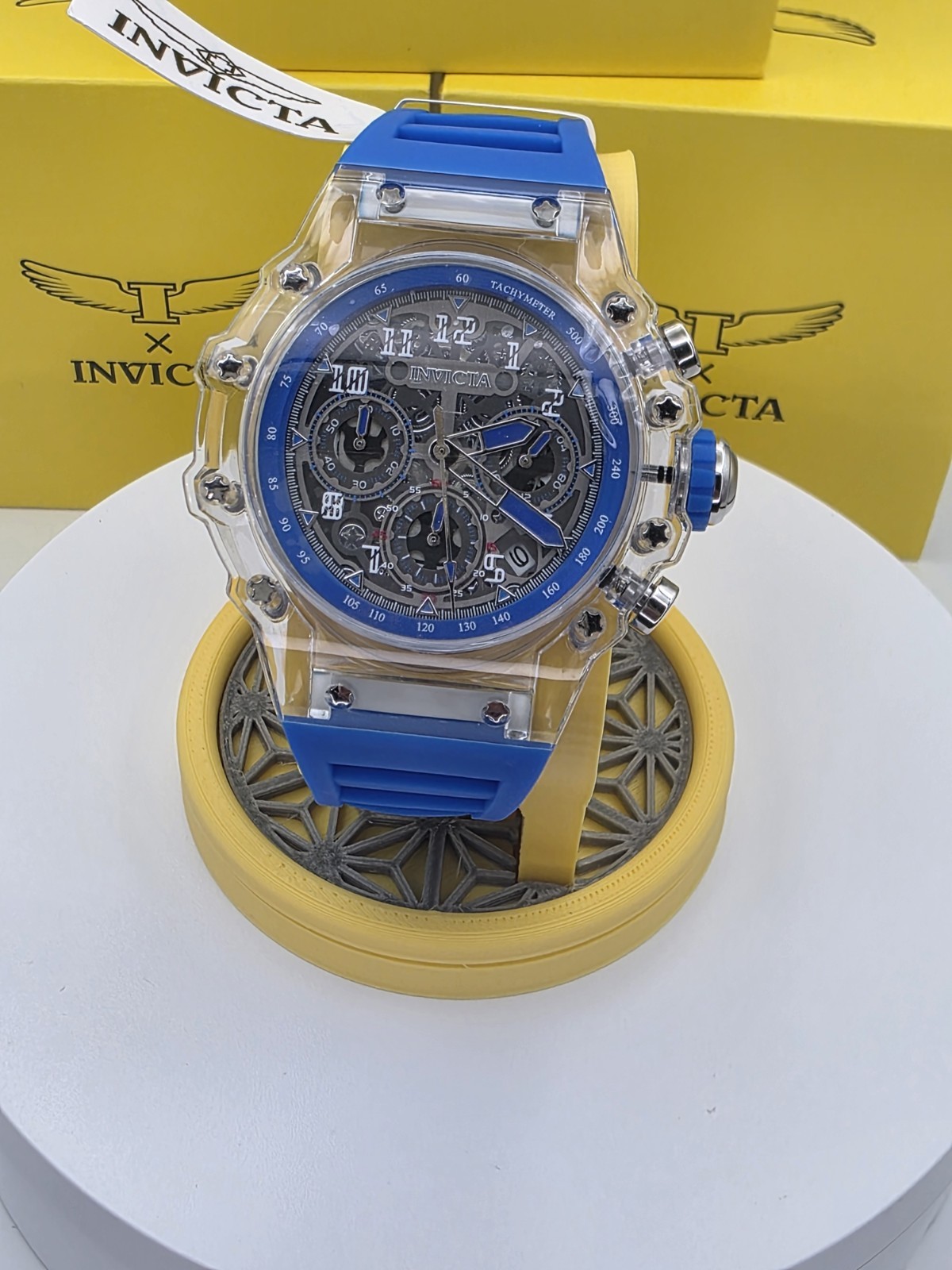 Invicta Racing Vaulthan Men’s Watch 69678 44mm Clear/Blue Band New!!