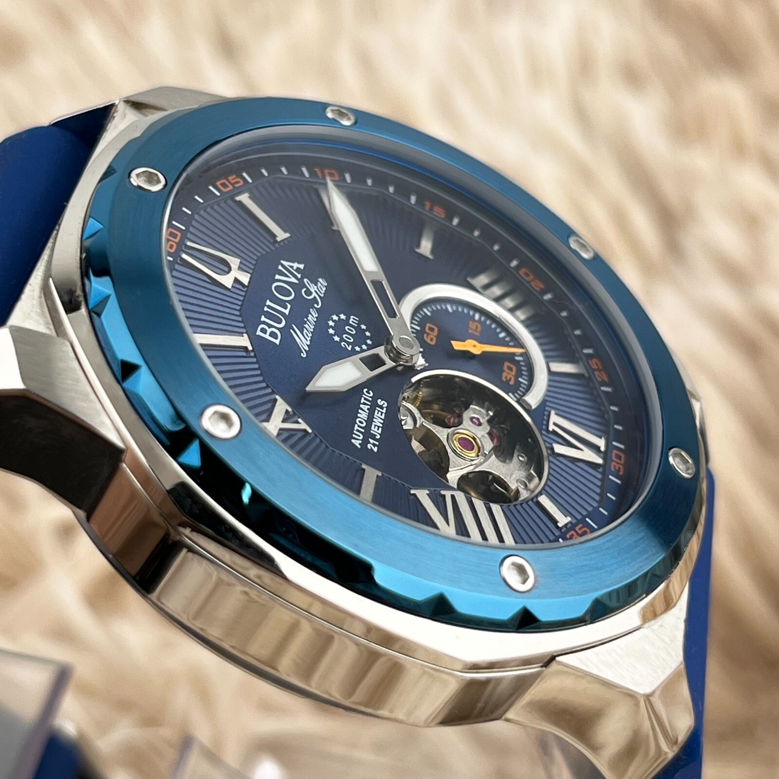 Bulova Marine Star Automatic 45mm Blue Dial Blue Rubber Strap Men’s Watch 98A303