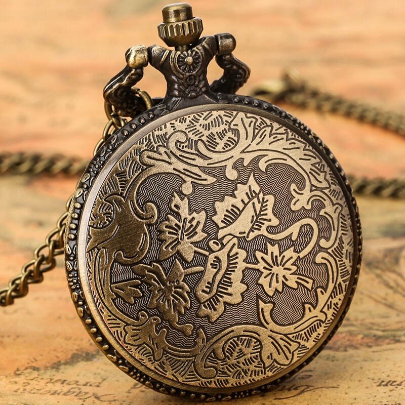 Steampunk Bronze Quartz Pocket Watch with Stone Decoration Chain Women Men Gifts