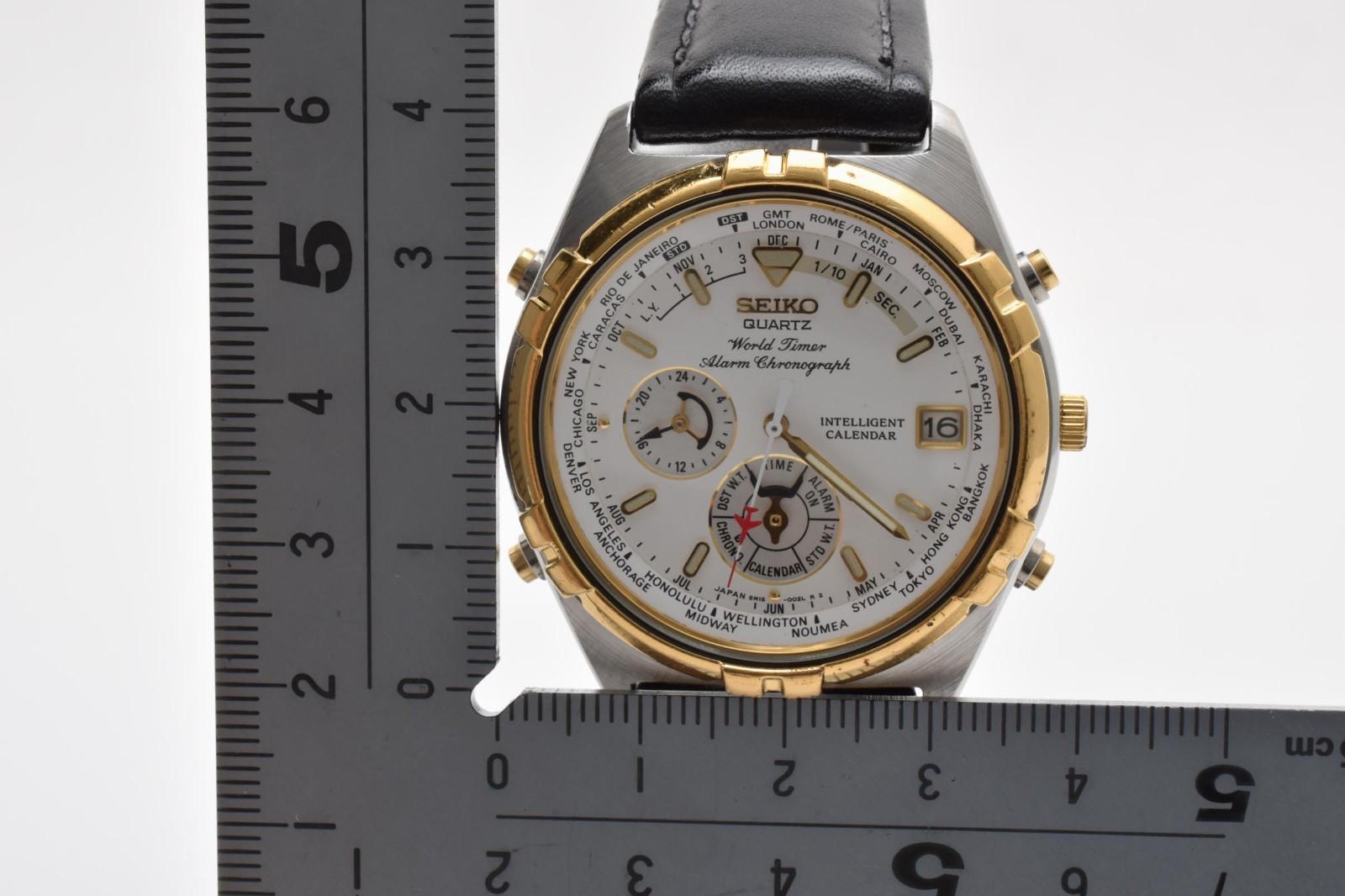 Near MINT Vintage SEIKO World Timer 6M15-0020 39mm Alarm Chrono Qz Men’s Japan