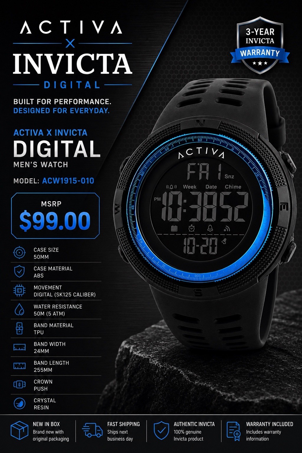 Activa X Invicta Digital Men’s Watch – 50mm. Black (ACW1915-010)