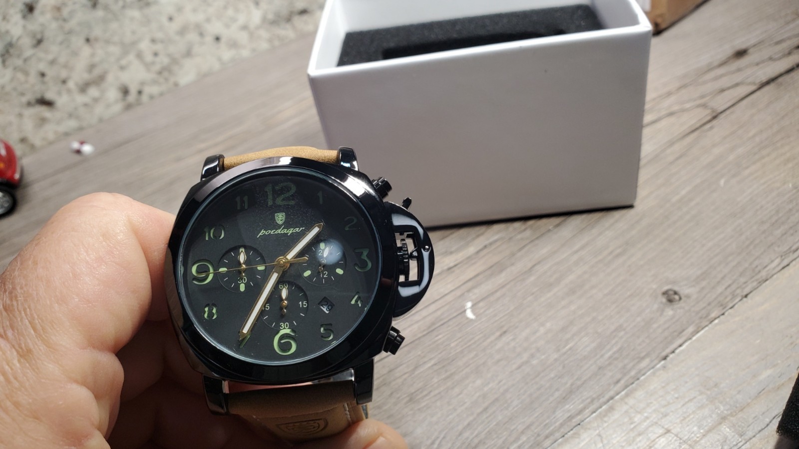 POEDAGAR Men’s Cushion Case Crown Guard Chronograph Quartz Watch