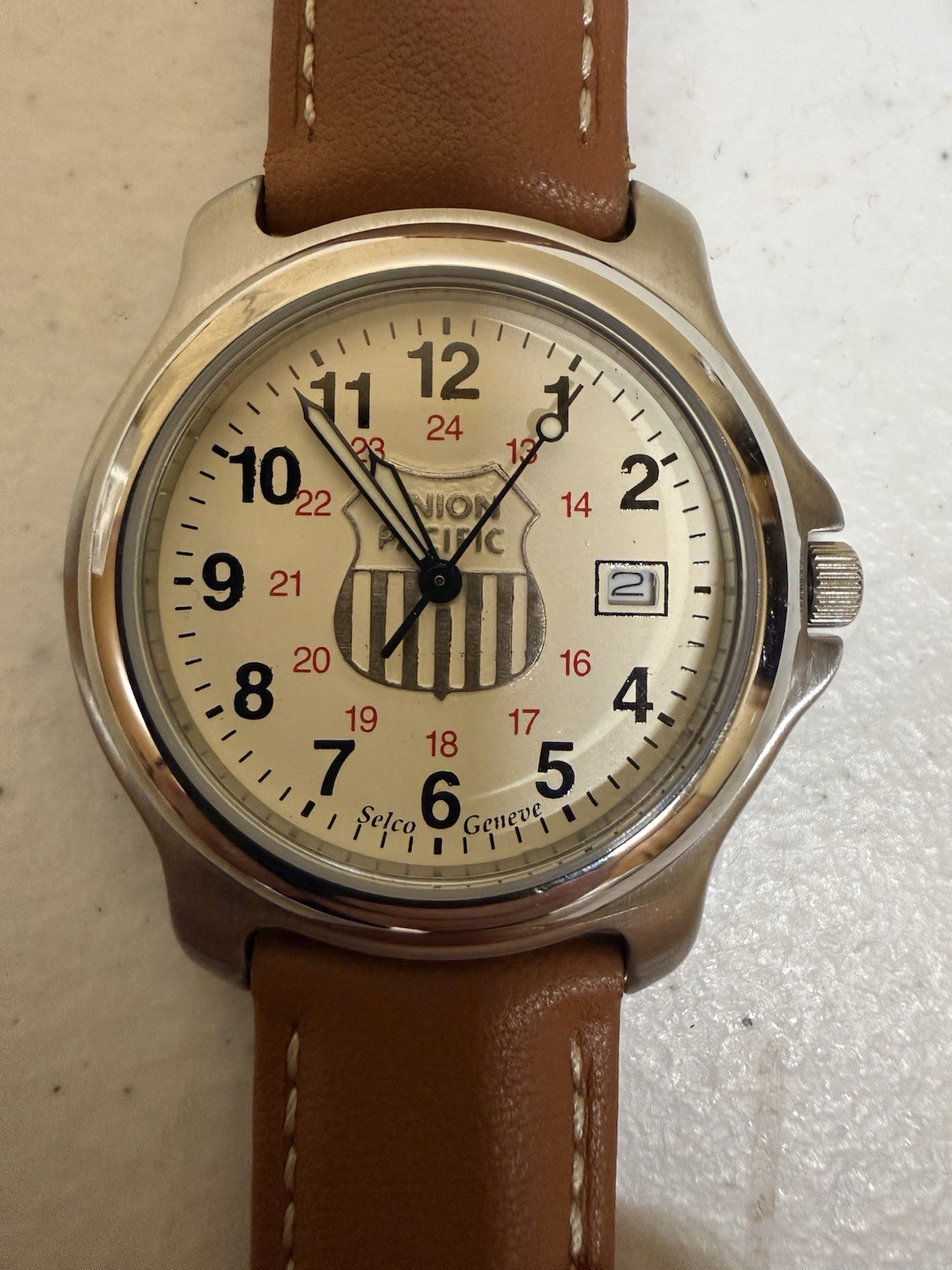 Selco Genève Quartz Analog Watch Union Pacific Brown Leather Strap