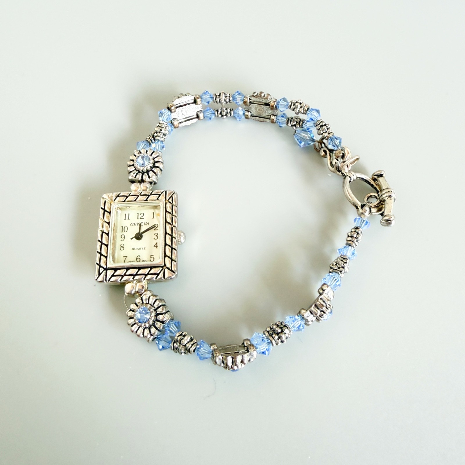 Geneva Silver Tone Beaded Watch Light blue Bicone Crystal Toggle Strap Retro