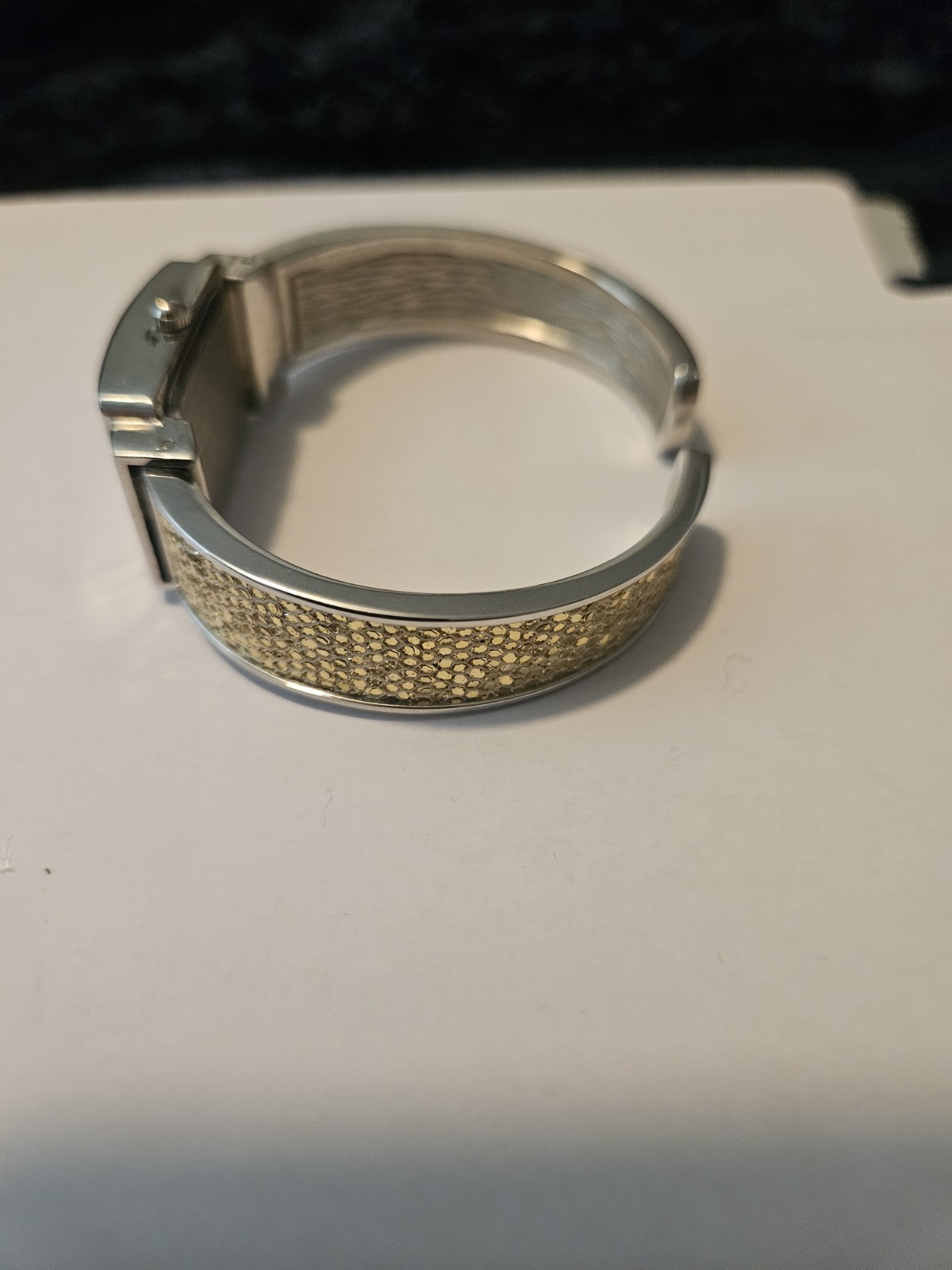 Studio Time Quartz Watch Featuring Rectangular Case and Gold-Tone Handcuff Band