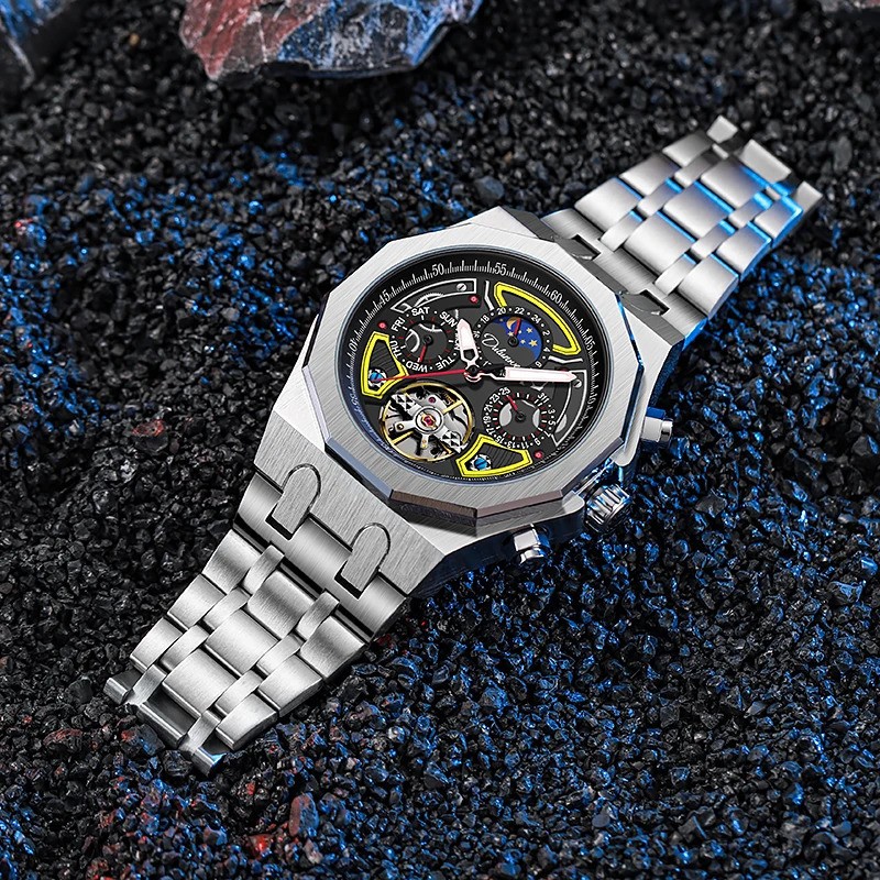 Men’s Tourbillon Mechanical Skeleton Watch Moon Phase Date Waterproof Automatic