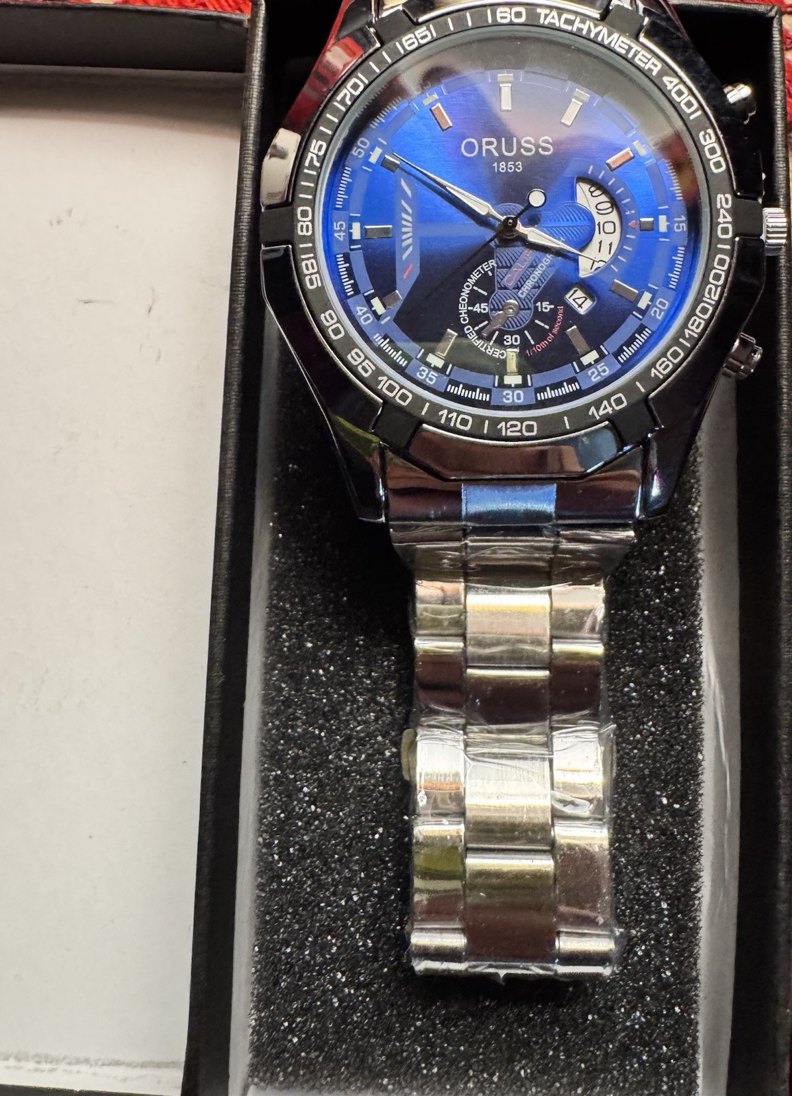 ORUSS 1853 Men’s Quartz Chronograph Date Black Tachymeter Blue Dial Watch