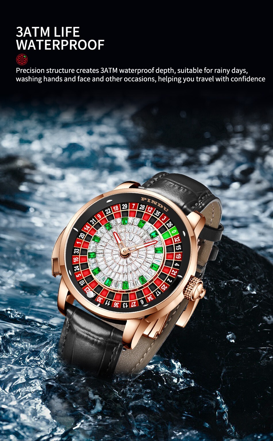 New PINDU Luxury Men’s Automatic Watch 5ATM Casino Tourbillon Rotating Roulette