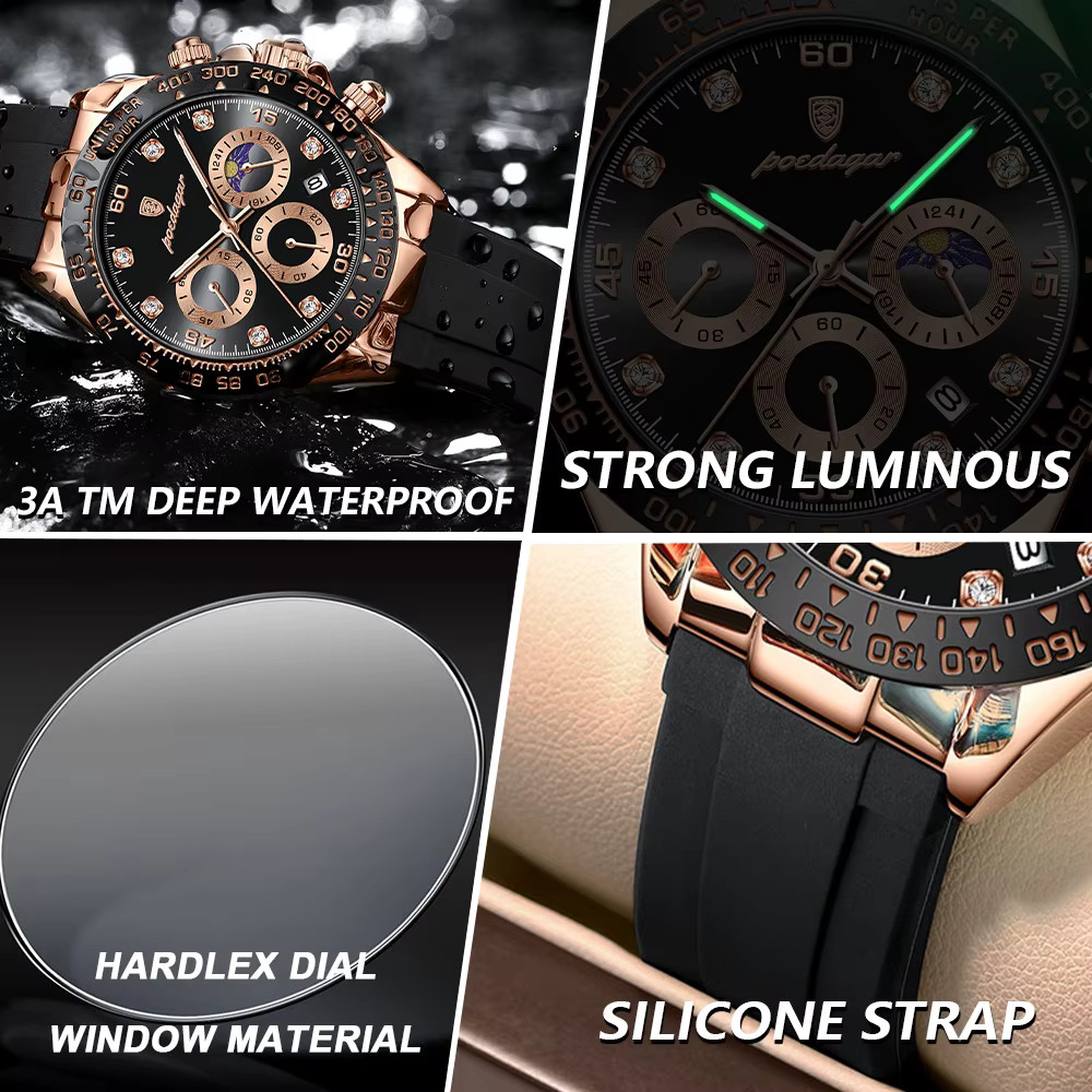 POEDAGAR Men’s Quartz Watch Chronograph Waterproof Daytona Date U.S. SHIP
