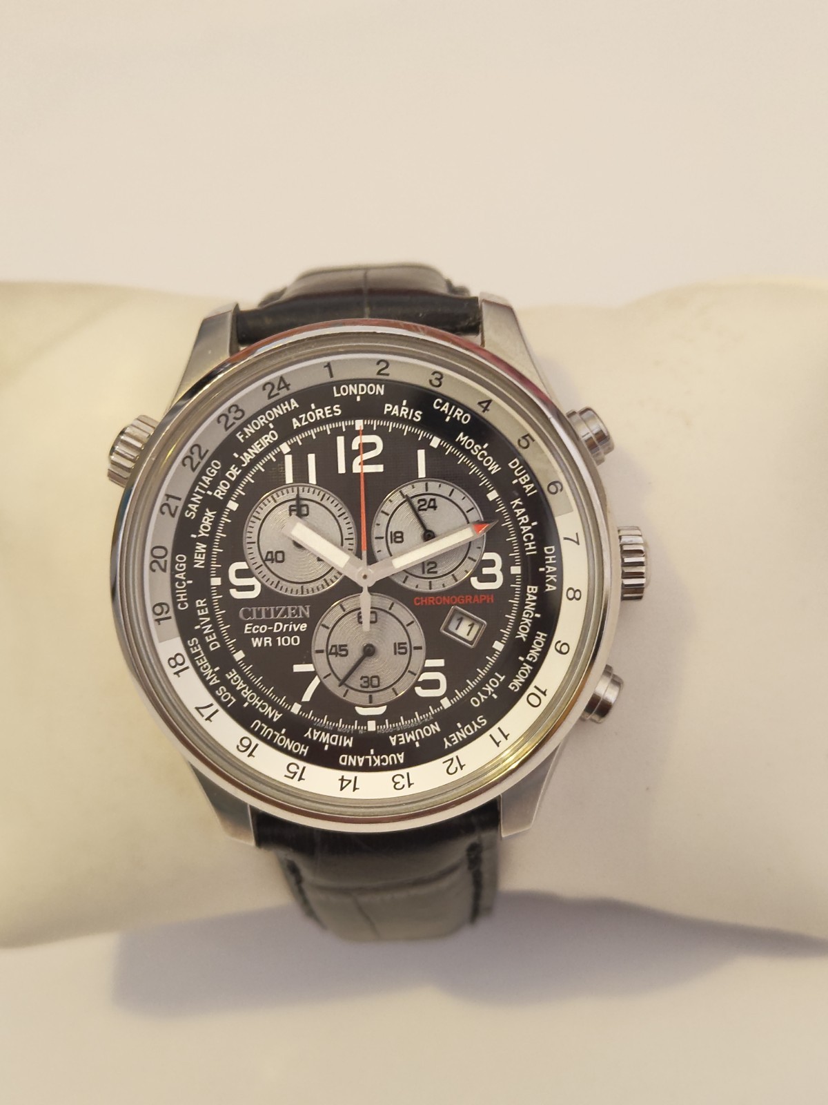 Citizen Men’s Eco Drive World Time Chronograph B.Leather Strap Watch AT0361-06E