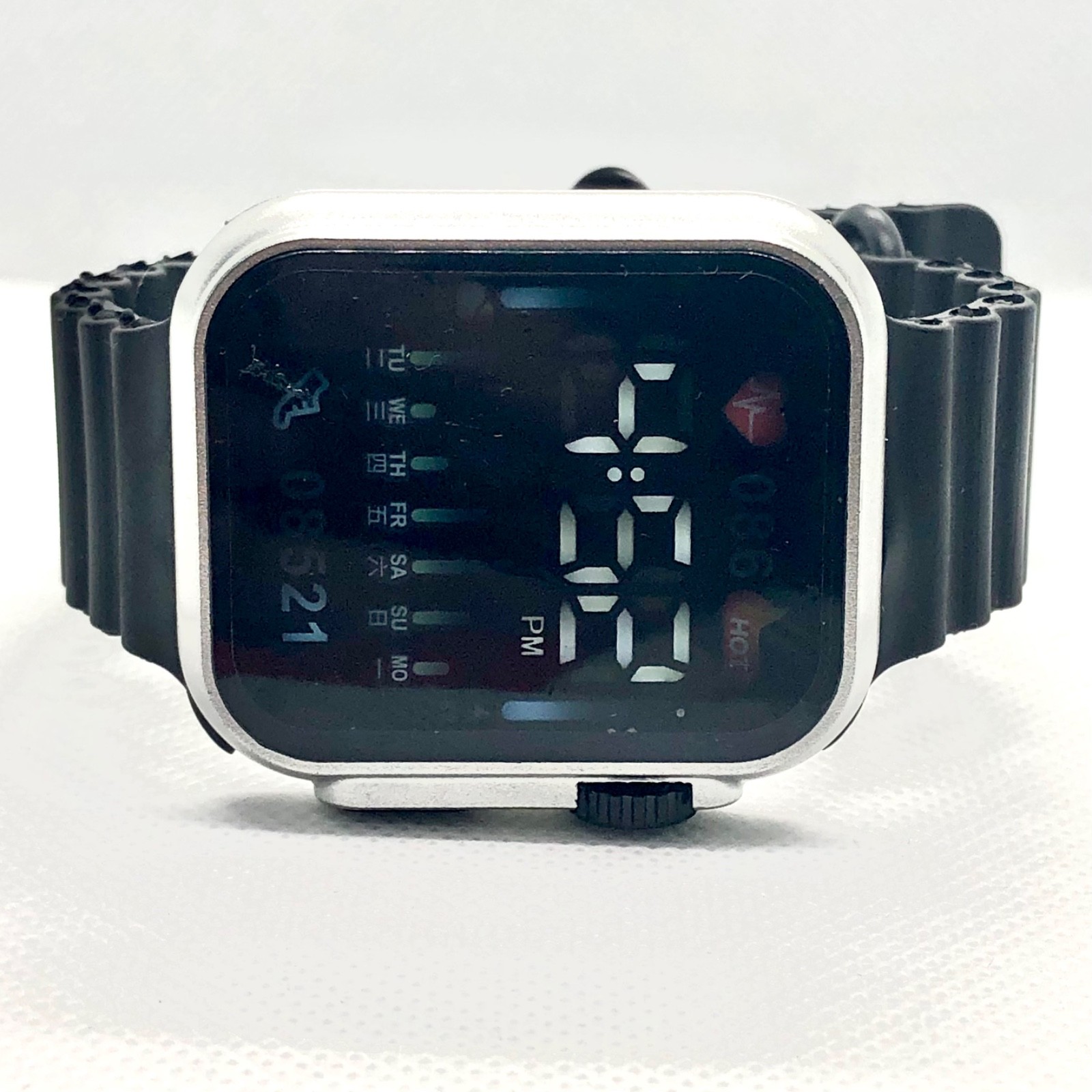 Modern Black Digital Wrist Watch LED Display Rectangular No Battery