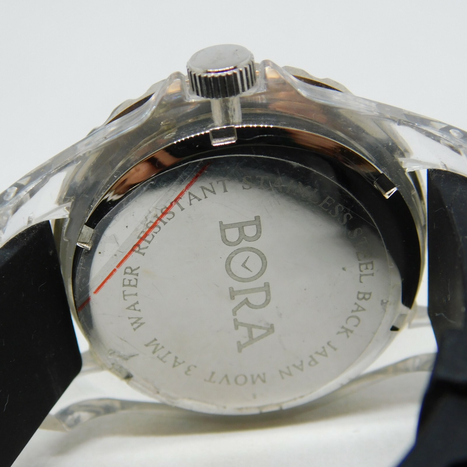 BORA Black-Tone Band Clear Plastic Case Quartz Analog Women’s Watch New Battery