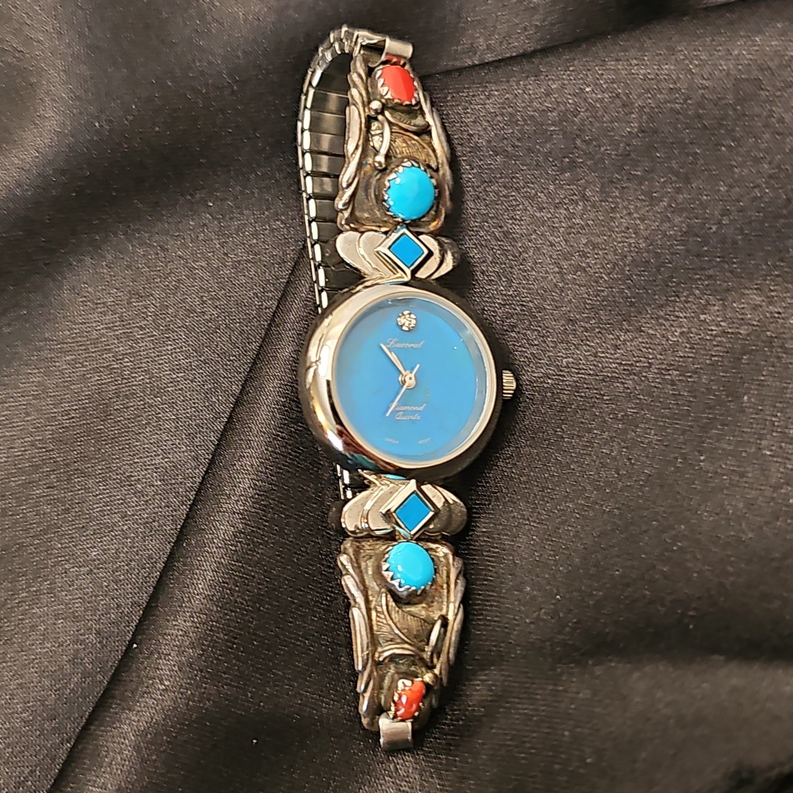 VINTAGE 168 LUCORAL TURQUOISE CORAL WATCH STERLING SILVER BAND SIGNED Untesed