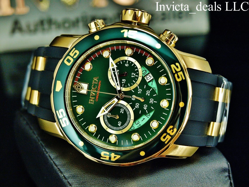 Invicta Men’s 48mm PRO DIVER SCUBA Chronograph GREEN Dial Gold Tone SS Watch