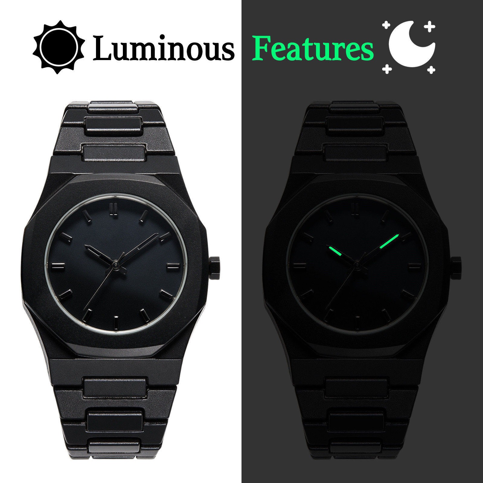 Men Luminous Octagon Dial Quartz Stainless Steel Blue Green Black Band Watch