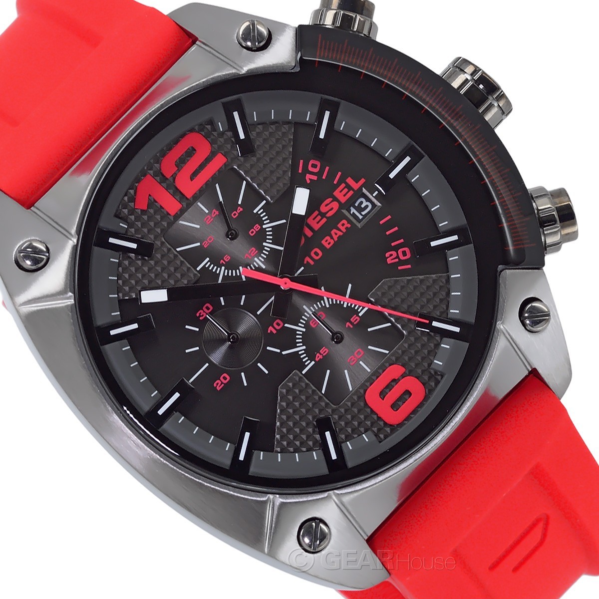 DIESEL Overflow Mens Chronograph Watch, Gunmetal Gray Dial, Red Silicone Band