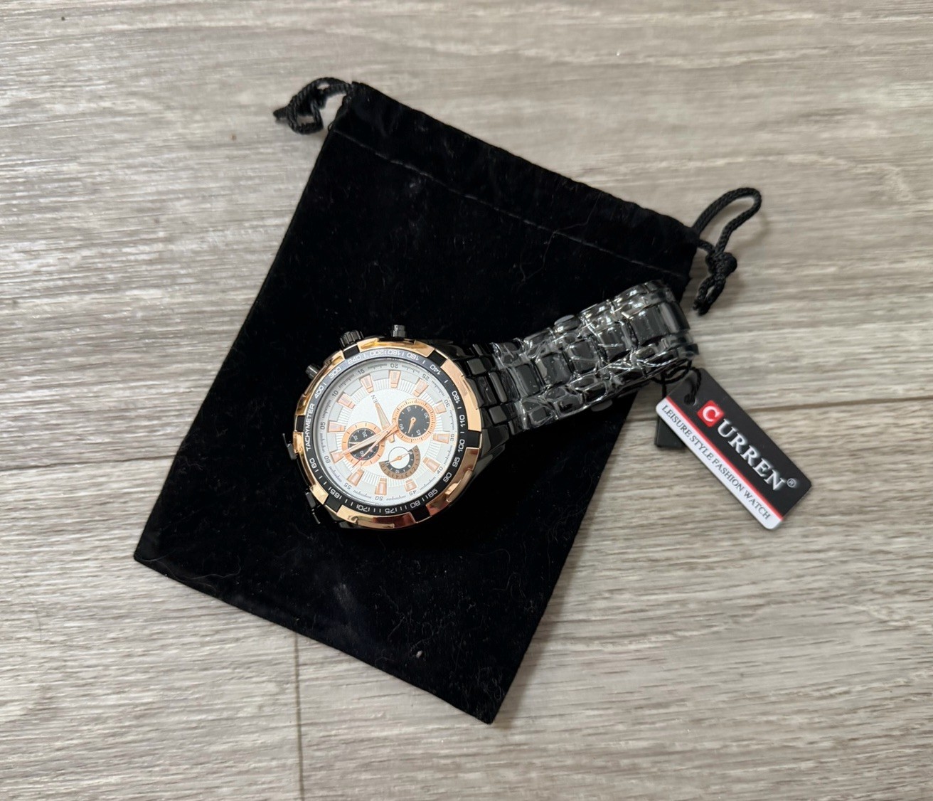 CURREN Men’s Chronograph Tachymeter Quartz 46mm Black/Rose Gold Bracelet