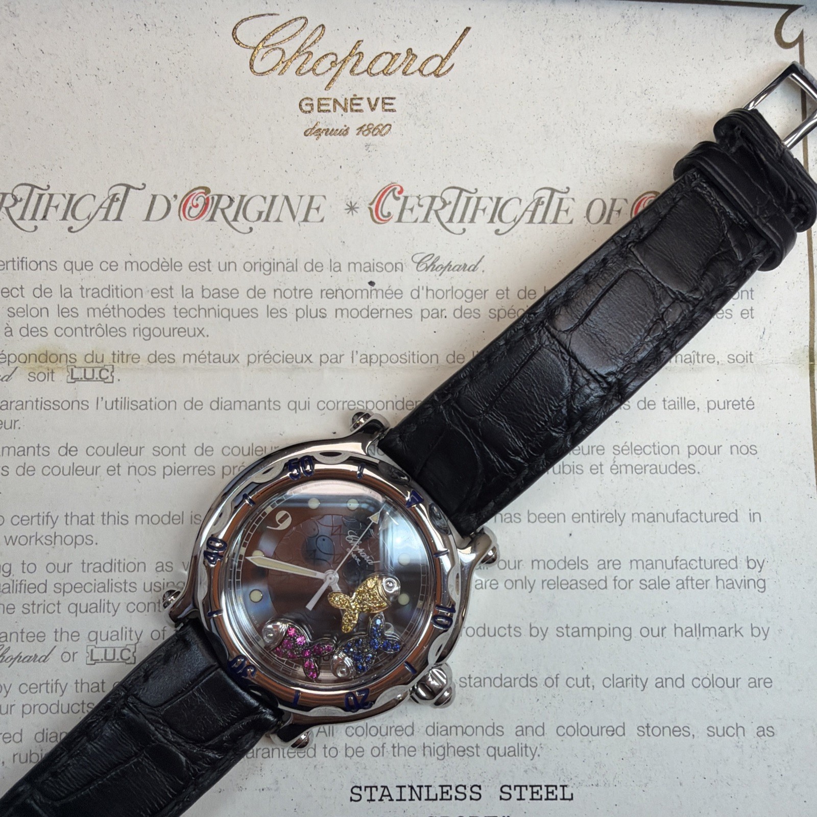 Chopard Happy Sport Fish Blue Dial 38mm Watch – 28/8347/8-402 Box And Papers