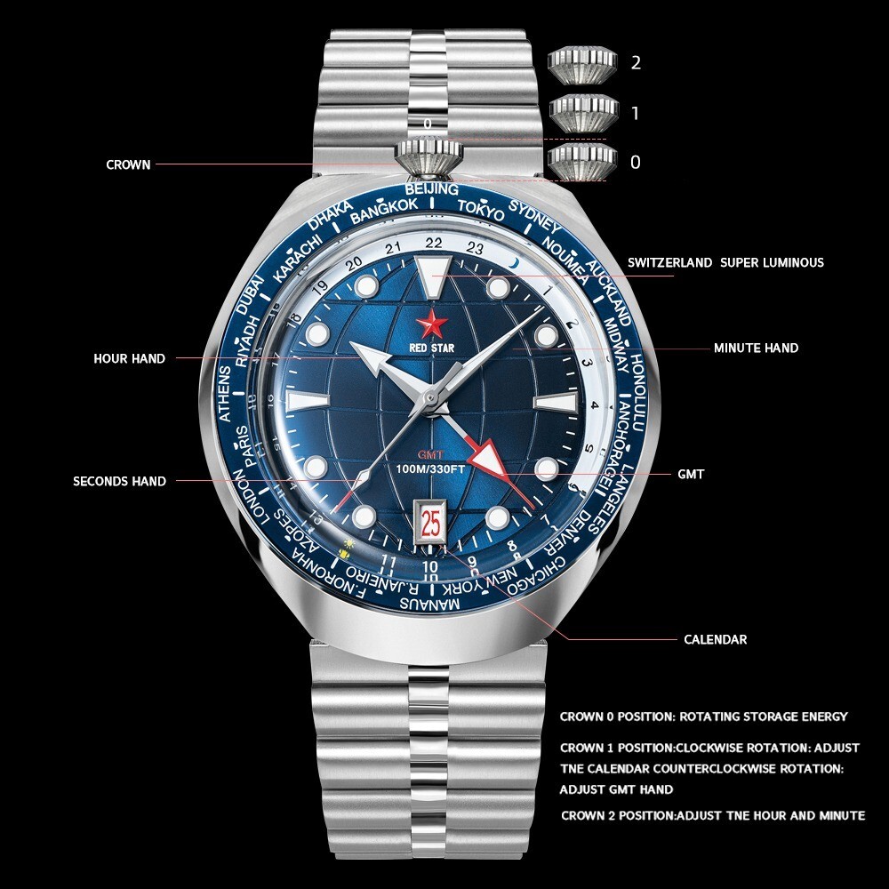 RED STAR BULLHEAD Sea Star GMT Dual Time NH34 Automatic Diver Watch 42mm 100M C3