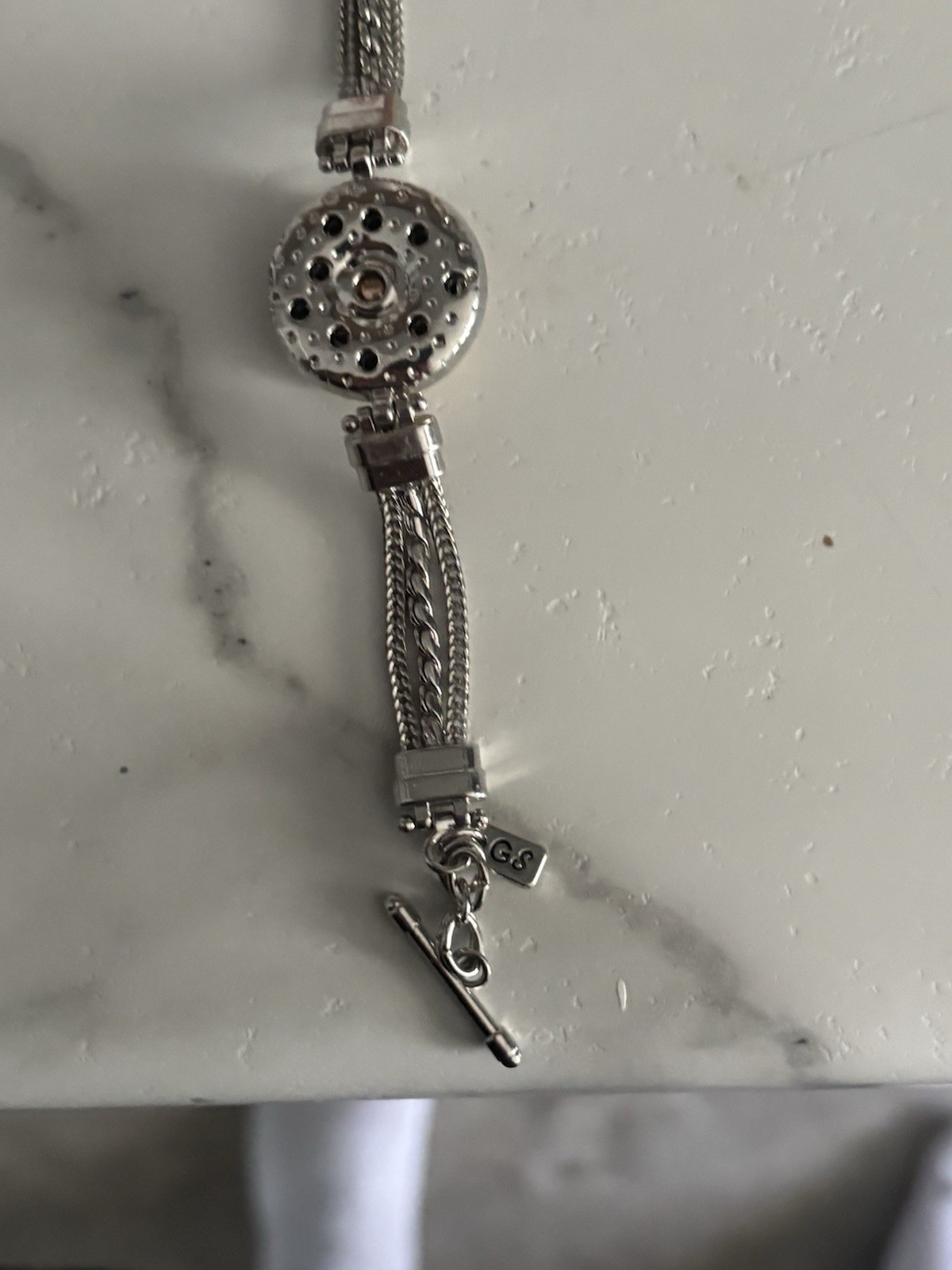 Vintage Ginger Snap Jewelry Adjustable Silver Tone Bracelet + Enamel GS Charm