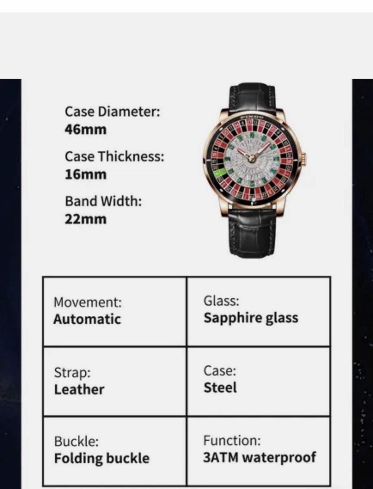 PINDU Men’s Automatic 46mm Steel Case Watch Black Leather Strap 3ATM Box