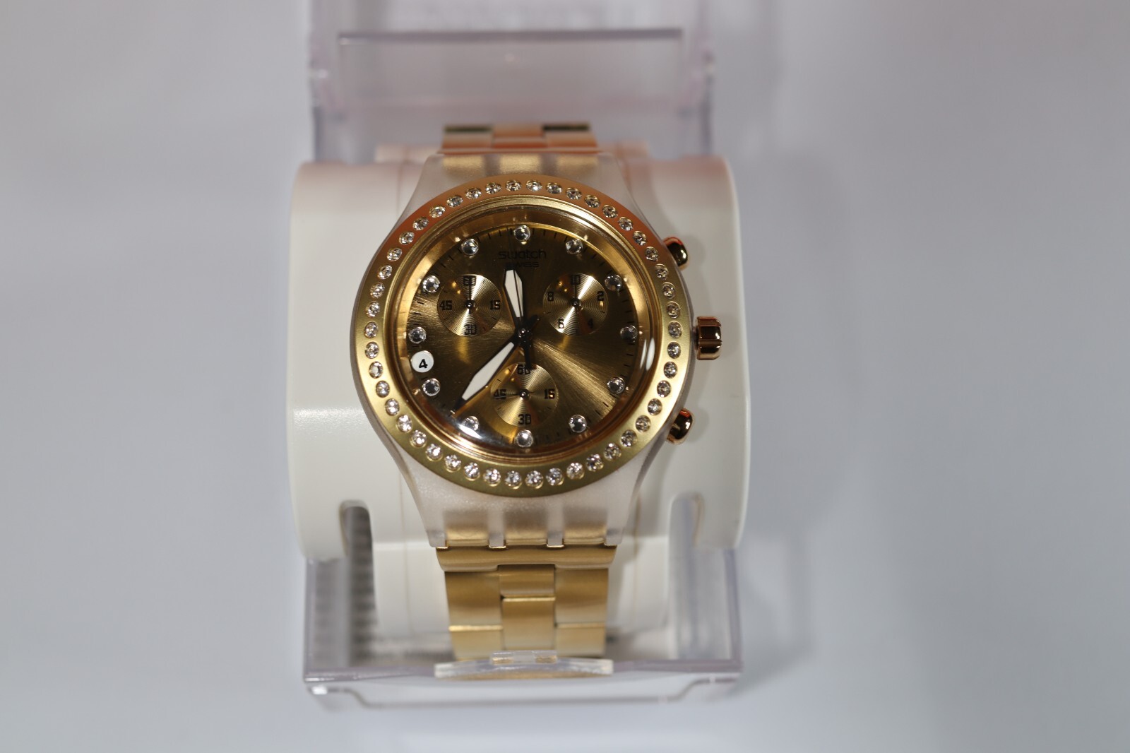 NEW LIMITED SWATCH IRONY FULL BLOODED GOLD CHRONO ALUMINUM 43MM WATCH SVCK4084
