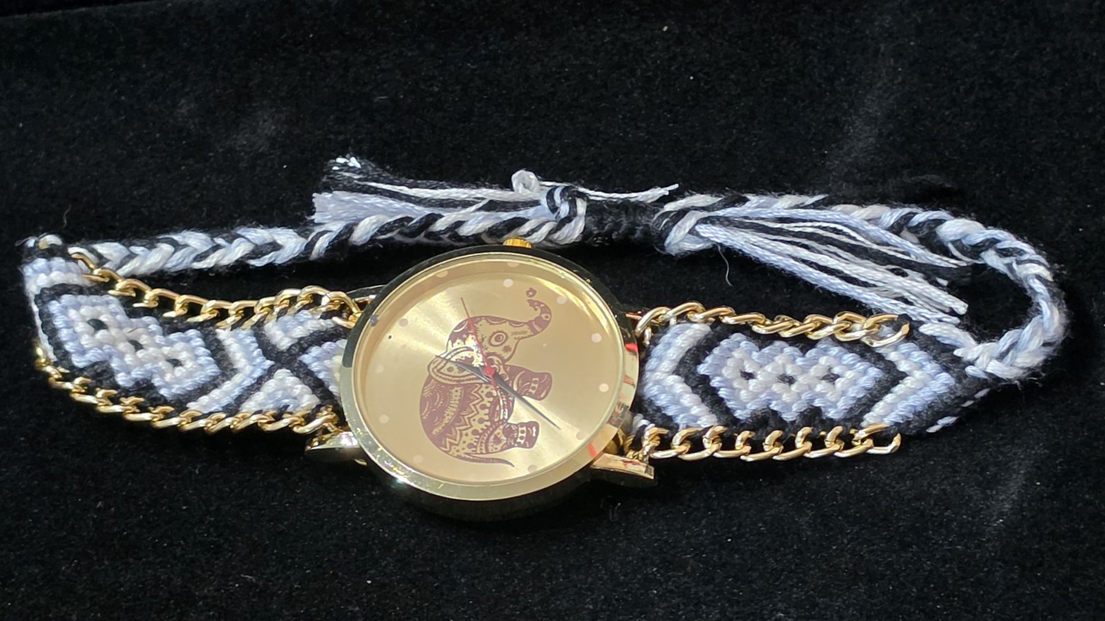 Women’s Elephant Dial Wrap Wristwatch Gold Tone Case Black/White Fabric Strap