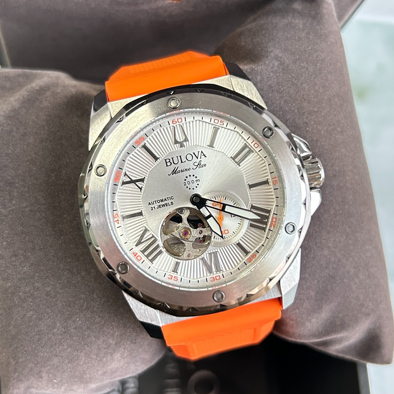 Bulova Marine Star 98A226 White Dial Orange Rubber Strap Men Automatic Watch45MM