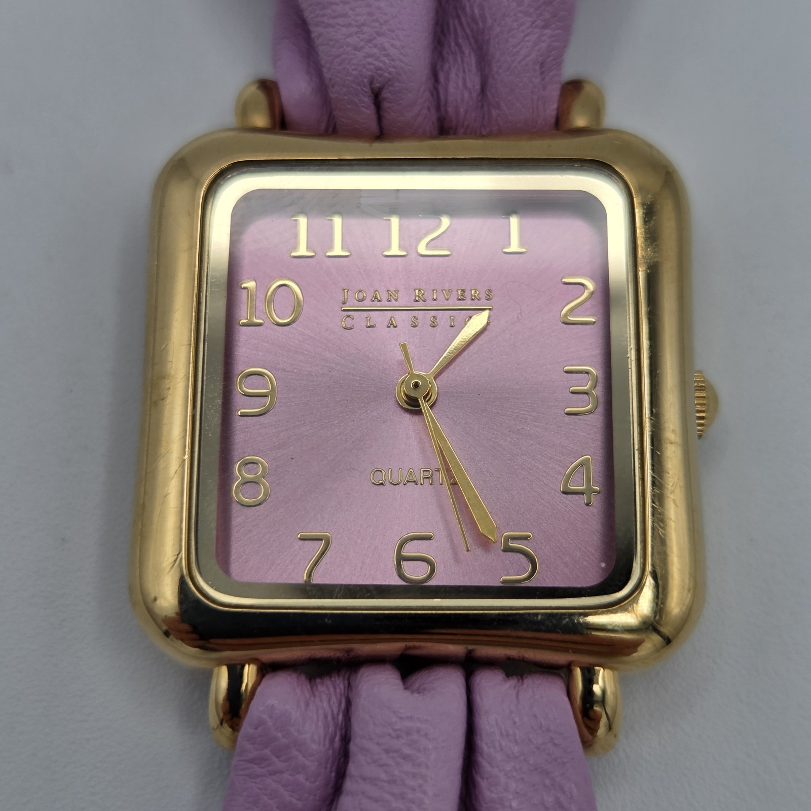 Joan Rivers Classics Watch Square Goldtone Case Pink Dial Purple Leather Band