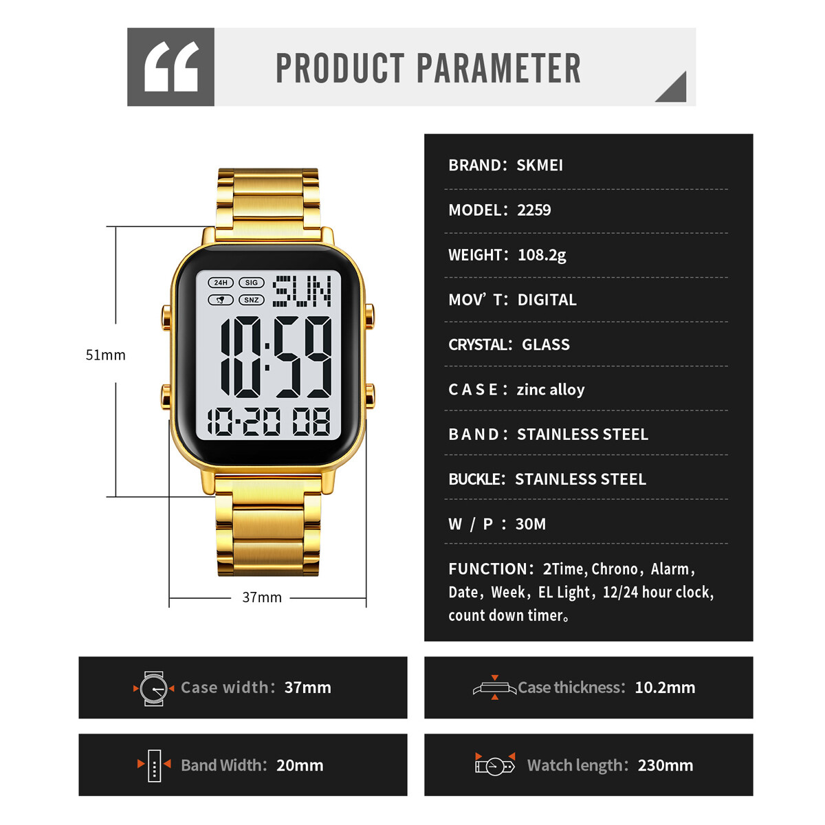 SKMEI Men Watch Rectangle Digital Wristwatch Full Steel Electronic Digital Watch