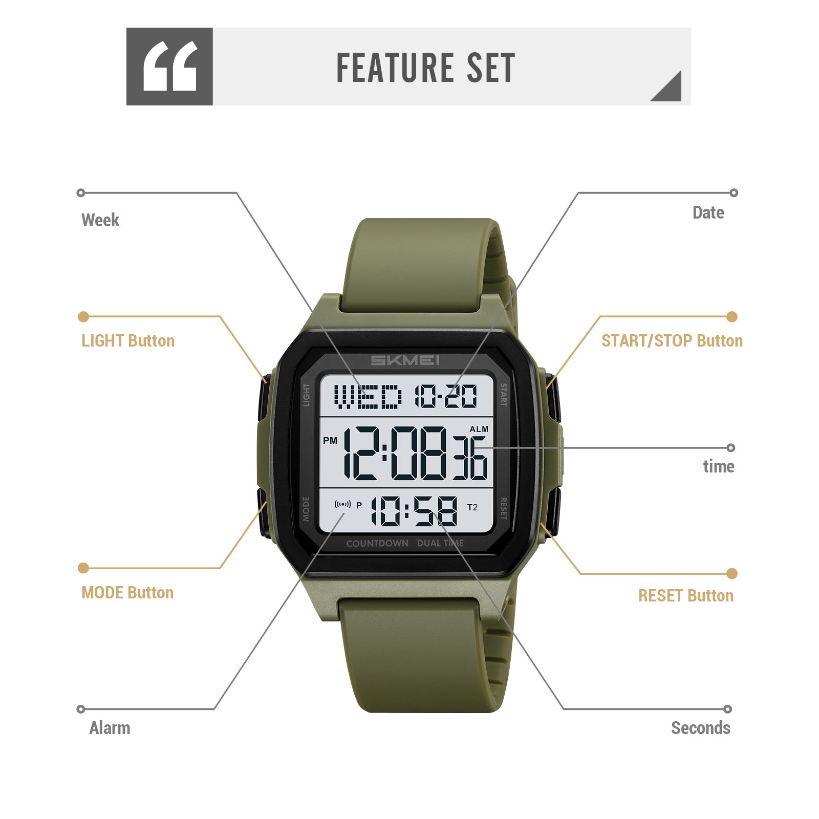 With box Student Square Waterproof SKMEI 2515 Chrono Men’s Sport TPU Strap Watch