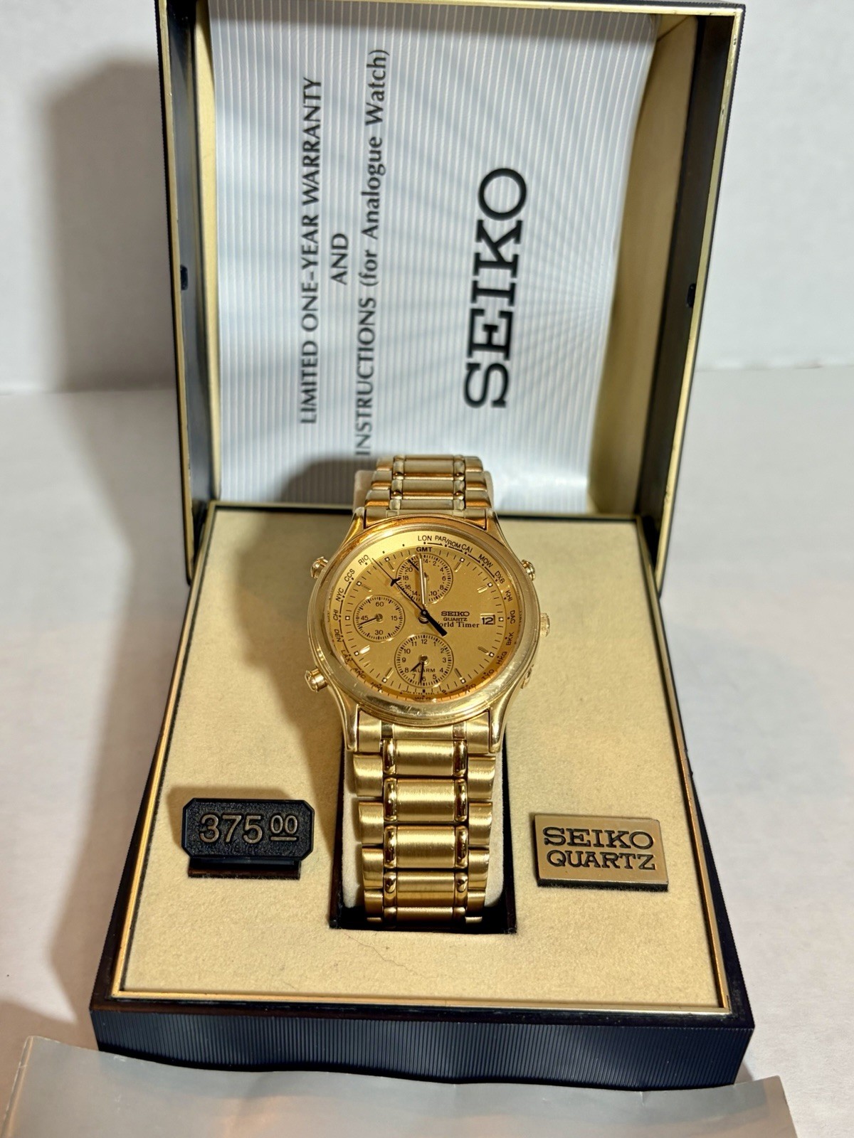 Seiko Quartz World Timer Alarm Date Gold Dial Gold Bracelet Watch – Full Set
