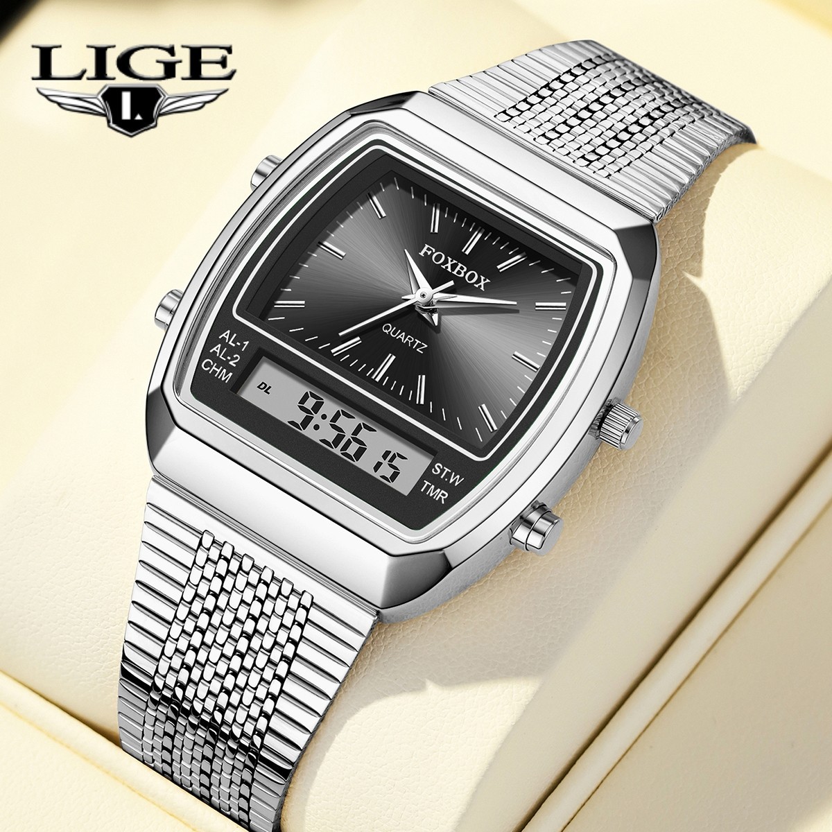 LIGE Men Watch Quartz Dual Time Digital Waterproof Stainless Steel Wristwatch US