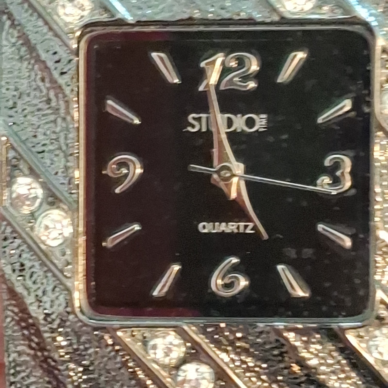 Studio Time Charcoal Textured Finish Cuff Watch With Clear Rhinestones.