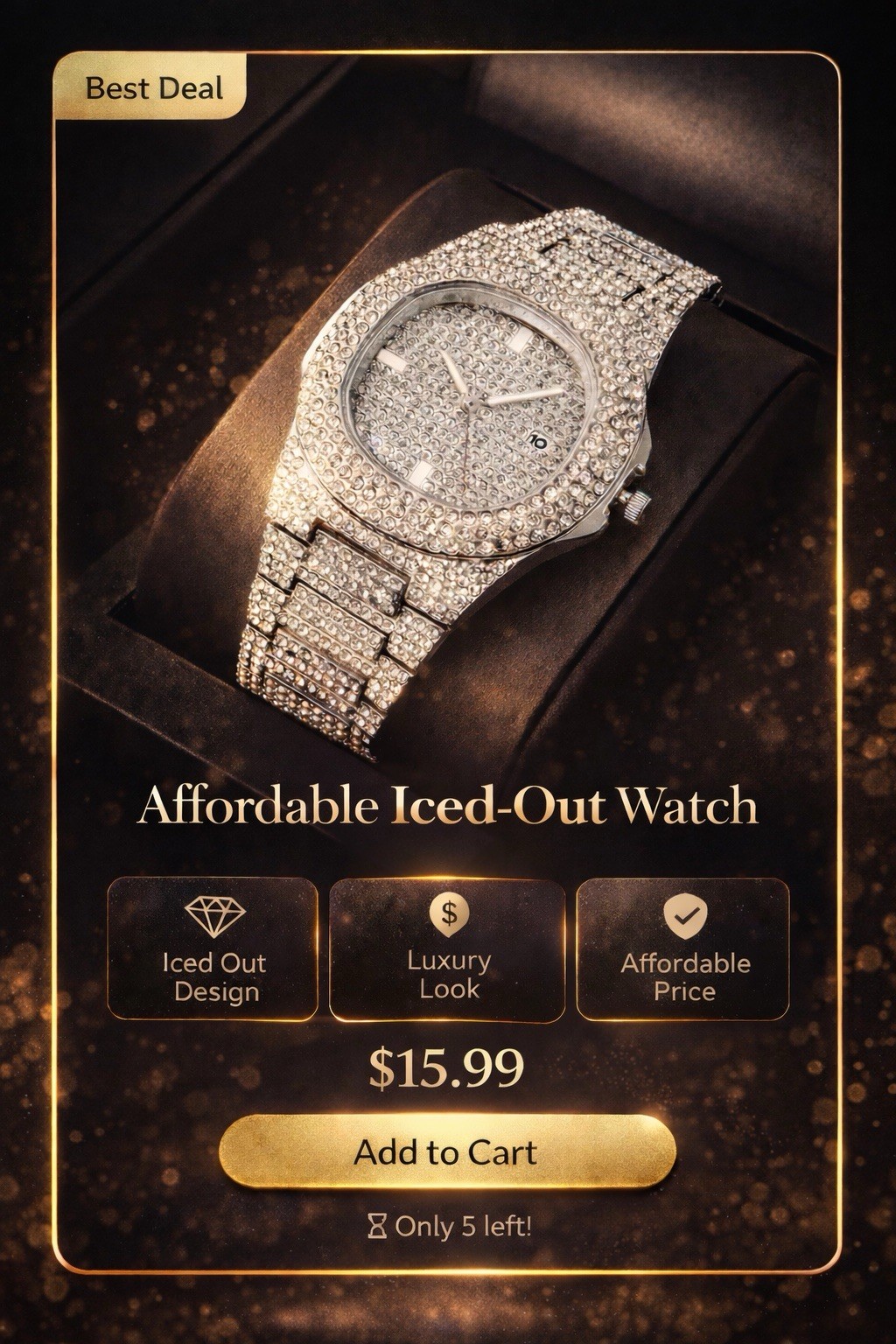 Iced-Out Luxury Cushion Analog Wristwatch, Silver Tone, Diamond Pattern