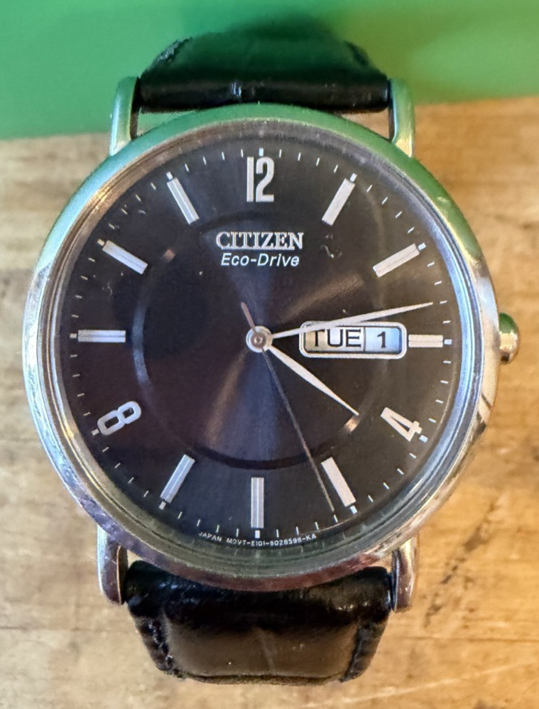 Citizen Eco Drive E101-S015570 Men’s Black Watch, Day/Date, Genuine Leather Band