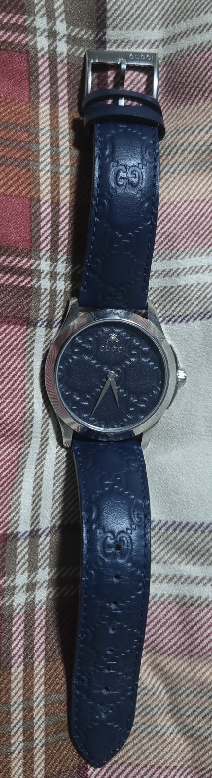 Gucci G-Timeless Swiss Made Quartz Blue Dial GG Leather Strap Watch w/ Box