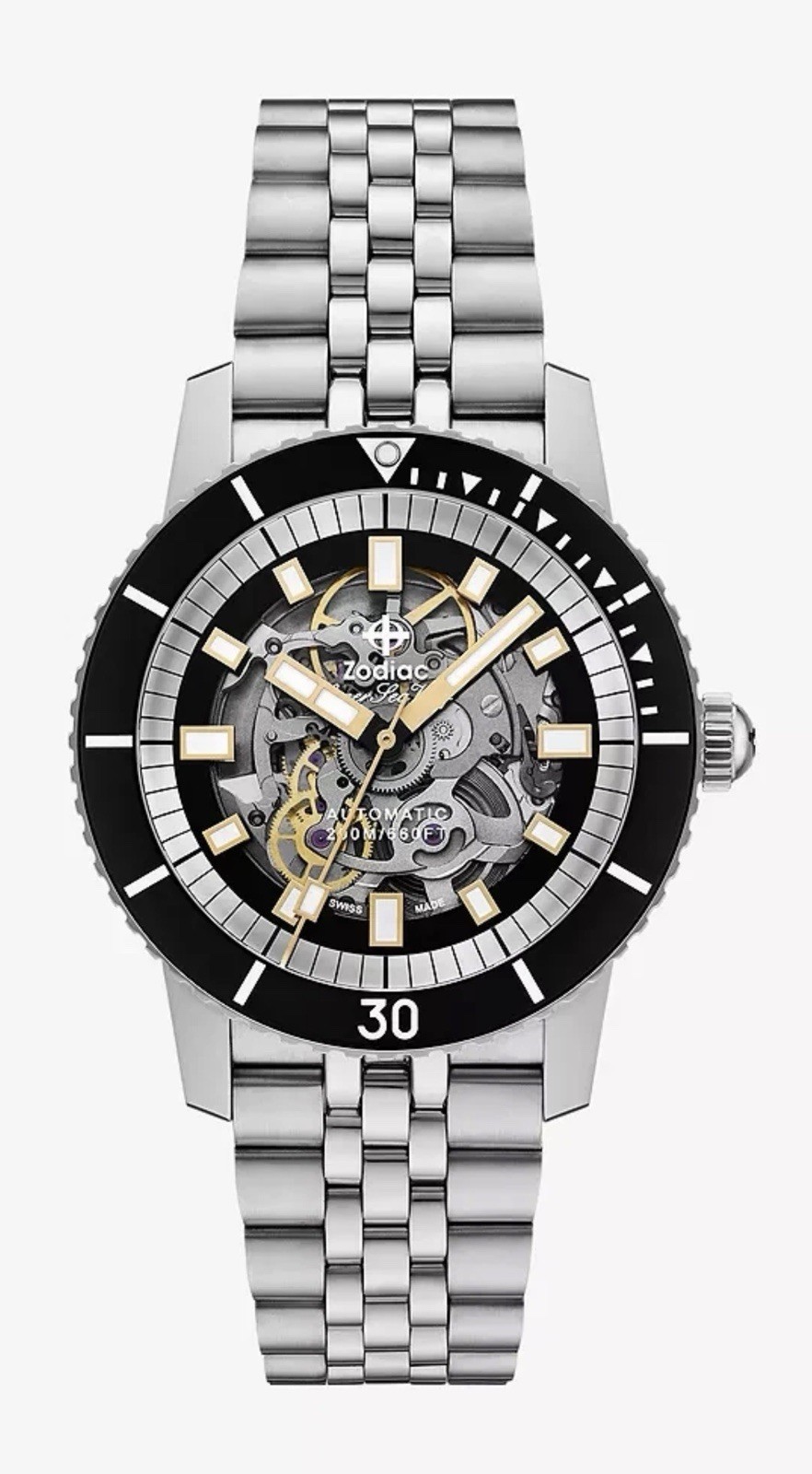 Zodiac Super Sea Wolf Auto Skeleton Dial Black Bezel Steel Bracelet Watch ZO9319