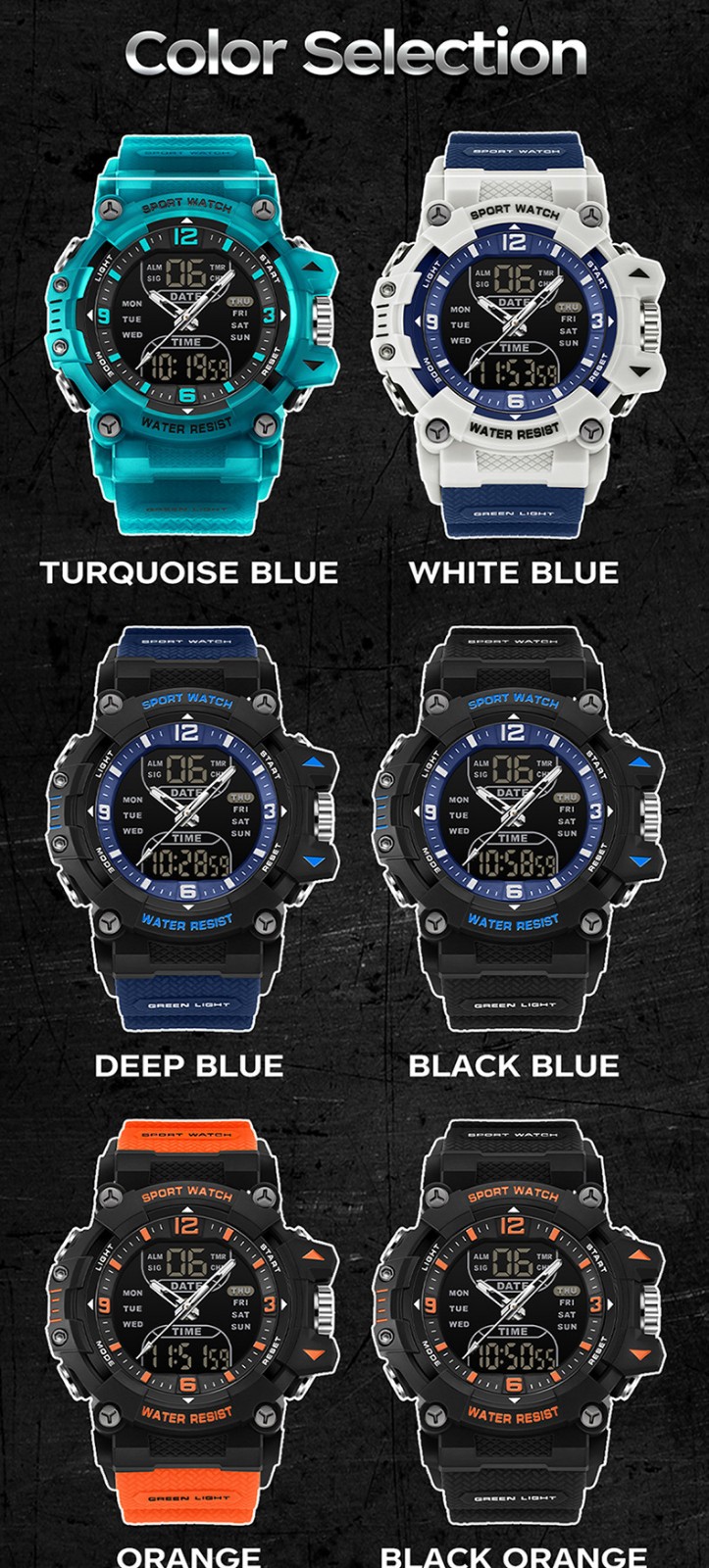 Trendy dual display dial multifunctional sports style quartz waterproof watch