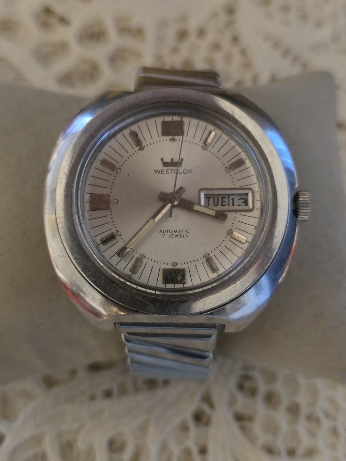 Westclox Crown automatic 17 jewels watch with a silver-tone case and a day/date