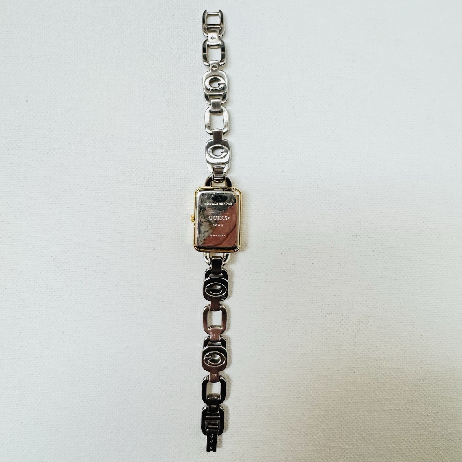 Vintage Guess Women’s Two Tone Rectangle Watch Gold Silver Logo Bracelet G66520L