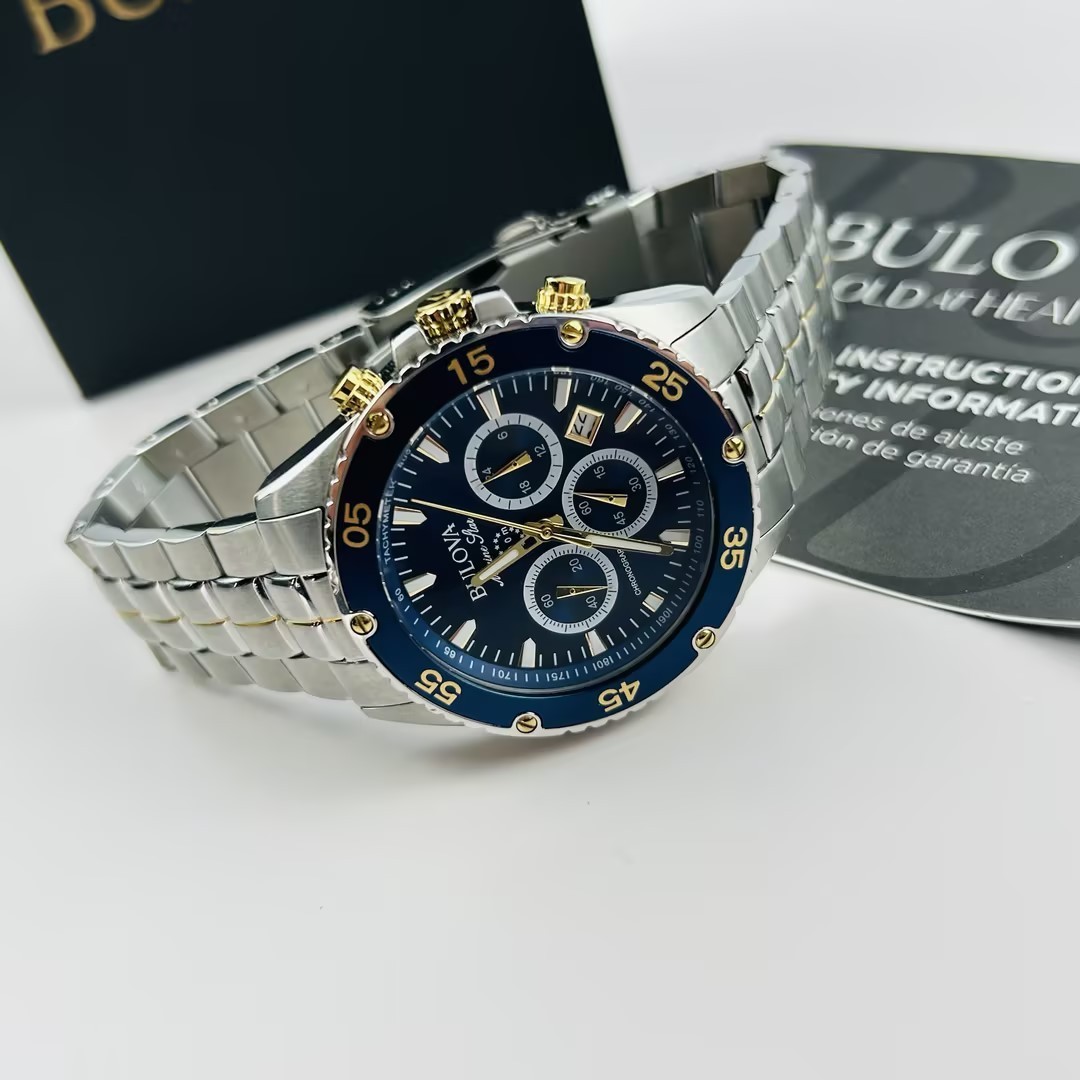 Bulova Marine Star 98B400 Men’s Blue Dial Stainless Chronograph Quartz Watch New