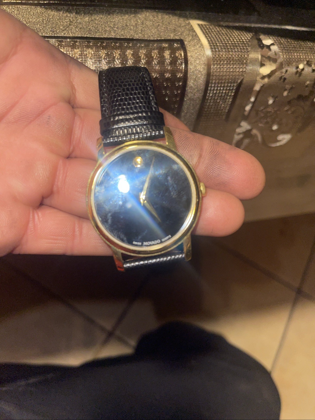 Movado Men Yellow Gold Watch Concave Dot Museum Dial – Black Strap (0607591)