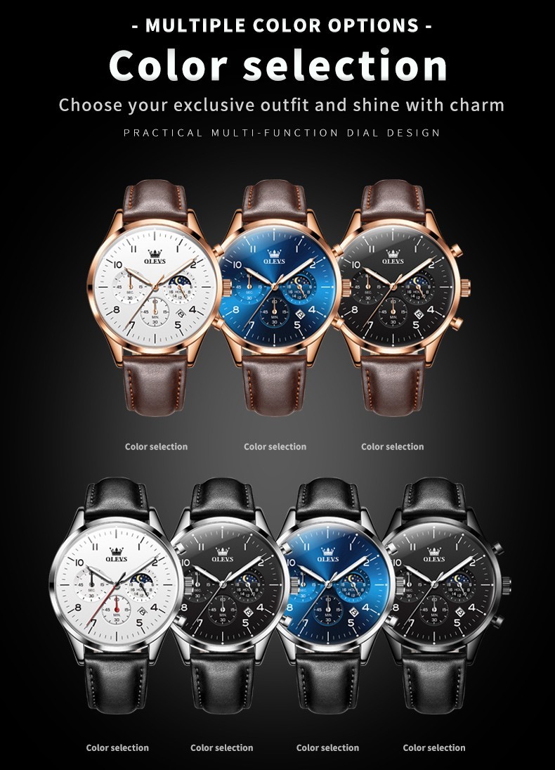 OLEVS 2882 Luminous Multifunctional Male Genuine Leather Classic Quartz Watch